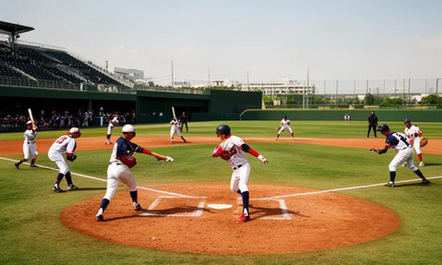 千葉県内の野球場で韓国高校と日本高校が交流試合をする風景
