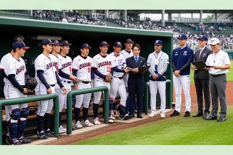 日韓親善企業対抗野球大会で選手と運営スタッフが球場ベンチ前に集まる様子